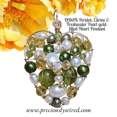 Citrine Peridot Green Pearl 14kt Yellow gold filled Wire wrapped Heart OOAK Pendant