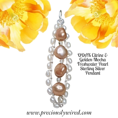 Citrine Pearl Sterling Wire Wrapped Pointed Oval OOAK Pendant