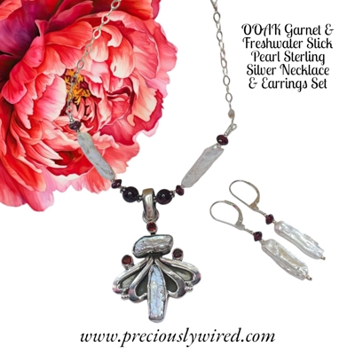Garnet, Stick Pearl Sterling Chain Pendant Drop Necklace Earrings OOAK Set