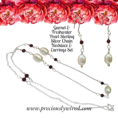 Garnet Pearl Sterling Chain Necklace Earrings Set