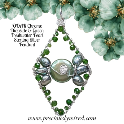 Chrome Diopside Coin Pearl Sterling Silver Diamond OOAK Pendant