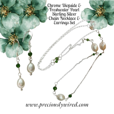 Chrome Diopside Pearl Sterling Chain Necklace Earrings Set