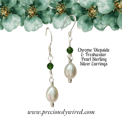 Chrome Diopside & White Pearl Sterling Silver Drop Earrings