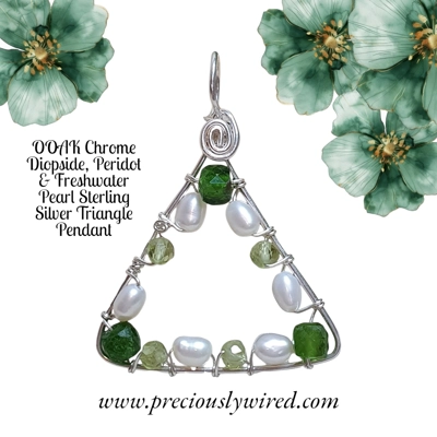 Chrome Diopside Peridot Pearl Sterling Wire Wrapped Triangle OOAK Pendant