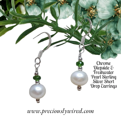 Chrome Diopside & Pearl Sterling Short Earrings