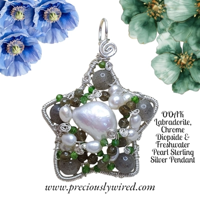 Labradorite Chrome Diopside Pearl Sterling Silver Wire wrapped Star OOAK Pendant