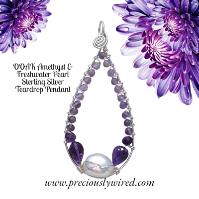 Amethyst Pearl Sterling Silver Wire Wrapped Teardrop OOAK Pendant