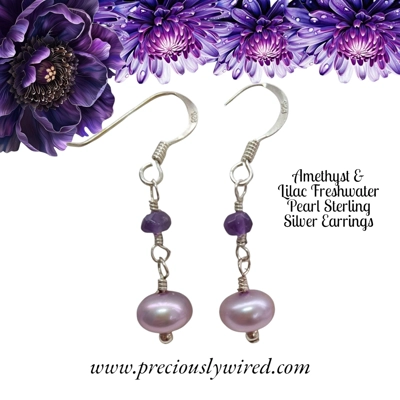 Amethyst & Lilac Pearl Sterling Silver Drop Earrings