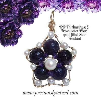 Amethyst Pearl Flower Yellow Gold Filled Wire Wrapped Star OOAK Pendant