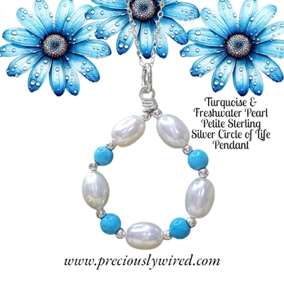 Turquoise & Pearl Circle of Life Small Sterling Silver Pendant