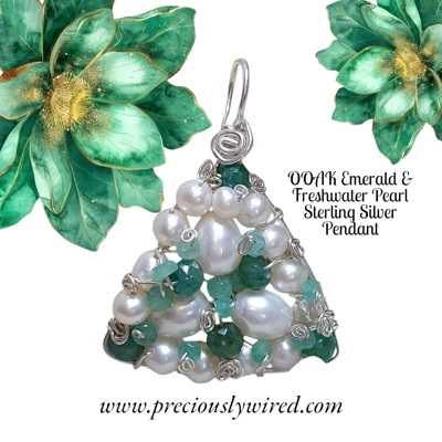 Emerald Pearl Sterling Triangle OOAK Pendant
