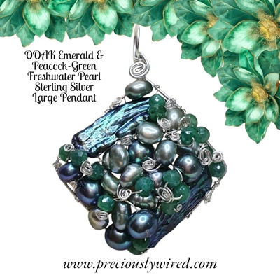 Emerald Peacock Green Pearl Sterling Wire Wrapped Diamond OOAK Pendant