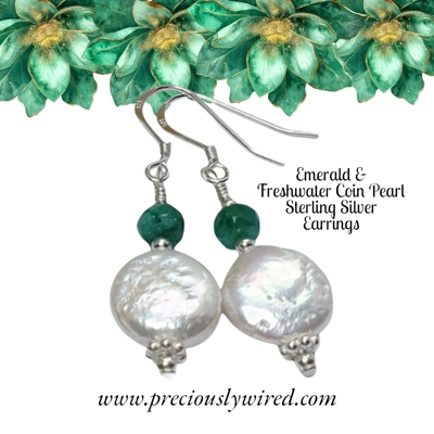 Emerald & Coin Pearl Sterling Earrings