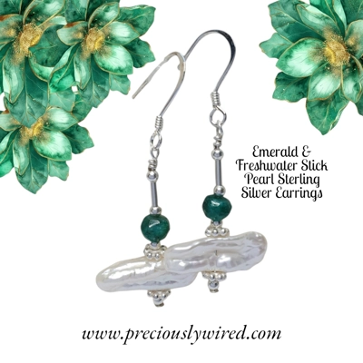 Emerald & Pearl Stick White Sterling Short Drop Earrings