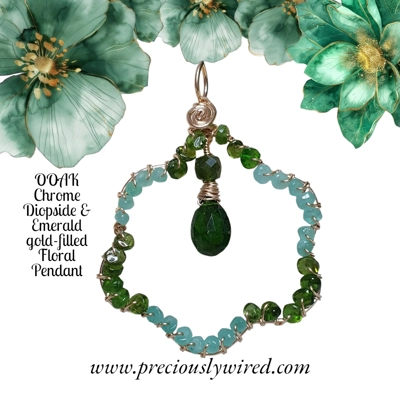 Chrome Diopside Emerald 14kt Yellow gold filled Wire wrapped Floral OOAK Pendant