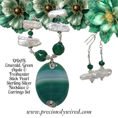 Emerald, Green Agate, Stick Pearl Sterling Chain Drop Necklace Earrings OOAK Set