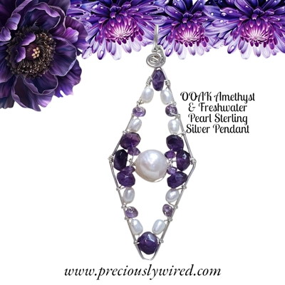 Amethyst Cream Pearl Sterling Wire Wrapped Elongated Diamond OOAK Pendant