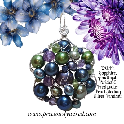 Sapphire Amethyst Peridot Pearl Sterling Silver Floral OOAK Pendant