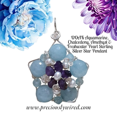 Aquamarine Amethyst Chalcedony Pearl Sterling Silver Star OOAK Pendant