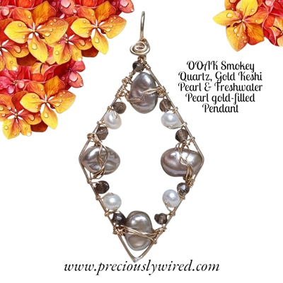 Smokey Quartz Gold Keshi Pearl 14kt yellow gold filled Wire wrapped Diamond OOAK Pendant