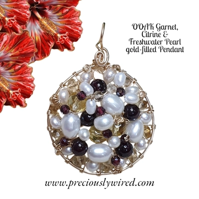 Citrine Garnet Pearl gold filled Wire wrapped Round OOAK Pendant