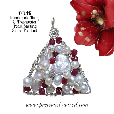 Ruby Pearl Sterling Silver Wire wrapped Triangle OOAK Pendant