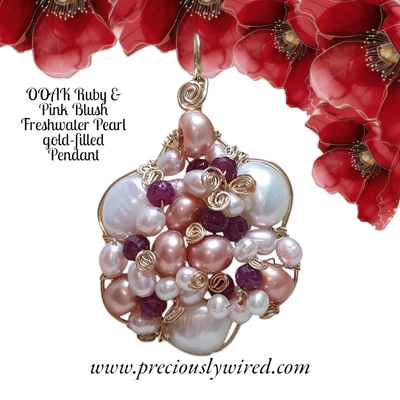 Ruby Pink Blush Pearl gold filled Wire wrapped Floral OOAK Pendant