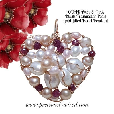 Ruby Blush Pearl Rose gold filled Wire wrapped Heart OOAK Pendant