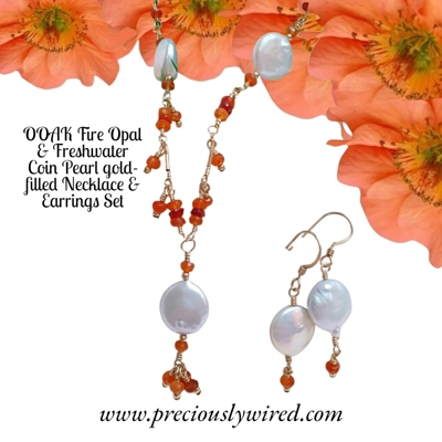 Opal Fire Coin Pearl Gold-Filled Necklace Earrings OOAK Set