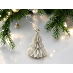 Fehér, csillámos mintás fenyőfa formájú karácsonyfadísz FF120