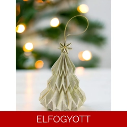 Világos zöld, fehér, arany mintás fenyőfa formájú karácsonyfadísz FF082