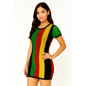 Rasta Crochet Knitted Mesh Marina Boho Reggae Mini Dress C..