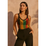 Rasta Jamaican Cami Crochet Knit Mesh Striped Backless Cotton Dress for Women