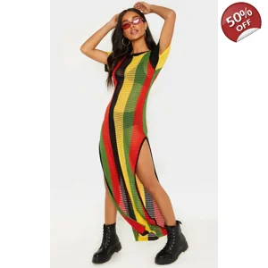 Women's Rasta Striped Crochet Mesh Maxi Dress – Side Slit Short Sleeve Festival Beach Cover Up