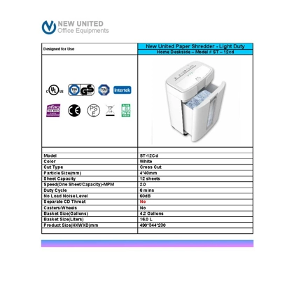 NEW UNITED PAPER SHREDDER -ST-12 CD