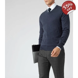 Reiss men's merino wool V neck sweater in gray, M