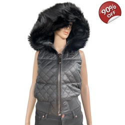 Philipp Plein leather hooded vest with fox fur, XS