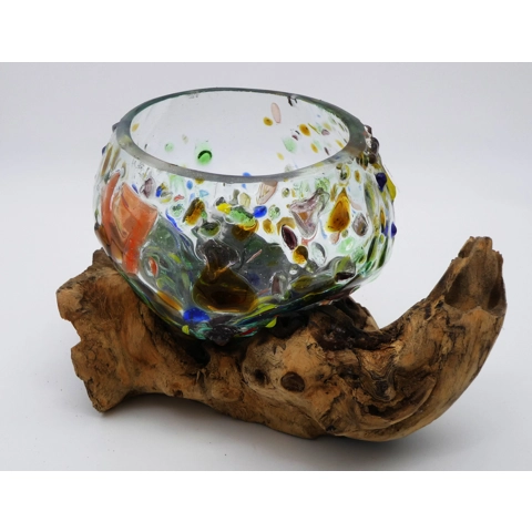 Handmade Glass coloured bowl on driftwood