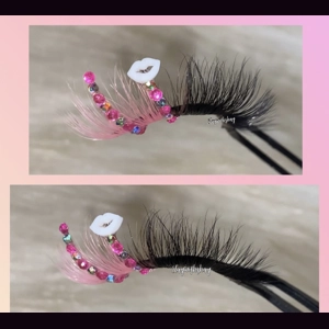 Pink lash white lip pink and holo rhinestone