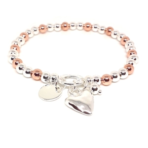 Heart, Bead and Disc Beaded Bracelet (Silver / Rose Gold)