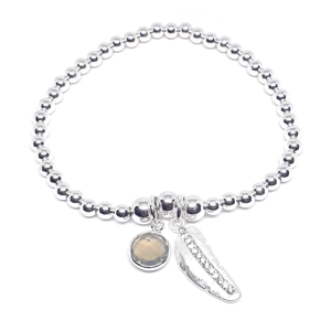 Crystal Feather and Stone Bead Bracelet (SIlver / Amber)