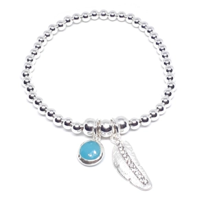 Crystal Feather and Stone Bead Bracelet (Silver / Blue)