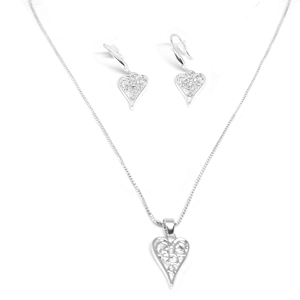 Diamante Heart Pendant Necklace and Earring Set (Silver)