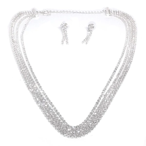 Multirow Diamante Necklace and Earring Set (Silver / Diama..