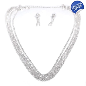 Multirow Diamante Necklace and Earring Set (Silver / Diamante)
