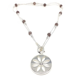 Floral Pendant Long Necklace (Silver / Grey)