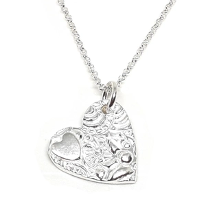 Double Heart Textured Pendant Necklace (Silver)