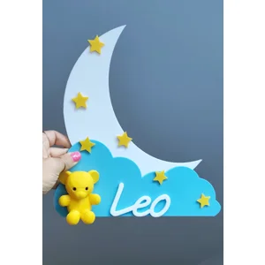 Personalised 3D Nursery Name Plaque, Teddy Bear Moon Stars, Baby Room Decor