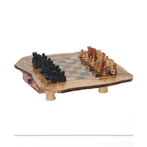 Large olive wood RUSTIC CHESS SET : CHESS BOARD + CHESS PI..