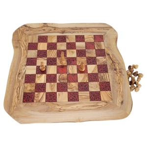 Wooden Chess Set with natural edges, Olive Wood and red Re..
